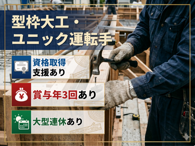 【見習いスタート歓迎】型枠大工×ユニック運転手｜資格取得支援あり｜大型連休あり | 株式会社 明･輝･建設の求人