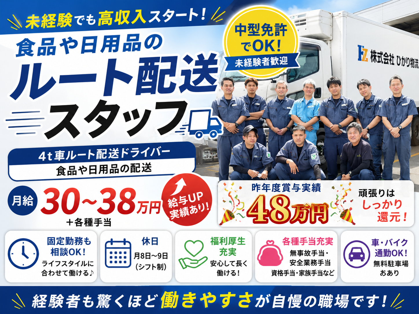 4t車ルート配送ドライバー(食品や日用品の配送）【普通免許で応募OK｜会社負担での免許取得制度あり】 | 株式会社 ひかり物流の求人