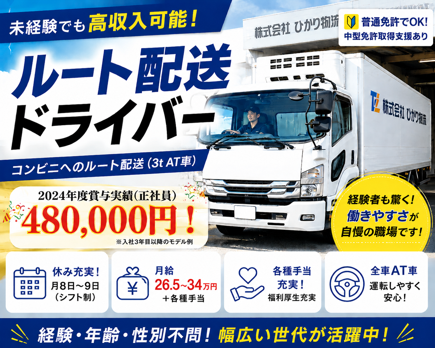 コンビニへのルート配送ドライバー(3t  AT車)【普通免許で応募OK｜全車オートマチック車】 | 株式会社 ひかり物流の求人