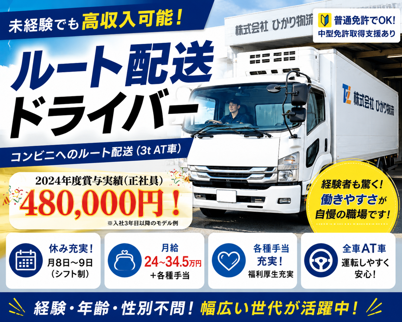 コンビニへのルート配送ドライバー(3t  AT車)【普通免許で応募OK｜全車オートマチック車】 | 株式会社 ひかり物流の求人