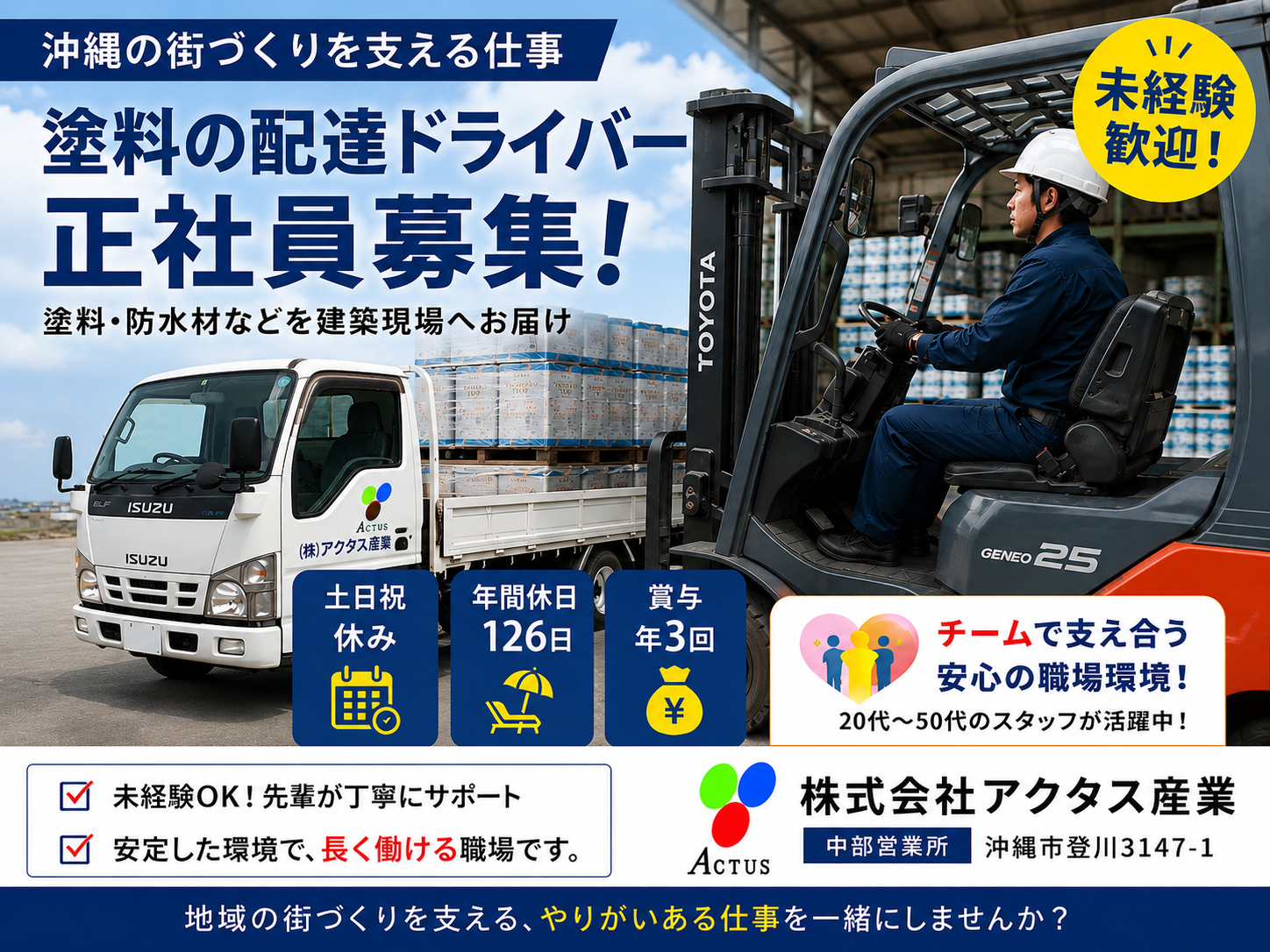【土日祝休み/賞与年3回/沖縄市】塗料の配達ドライバー(未経験者大歓迎) | 株式会社 アクタス産業の求人