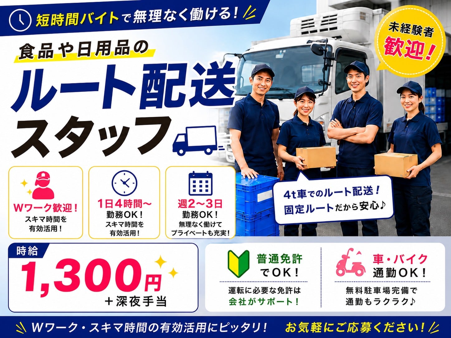 4t車ルート配送スタッフ【普通免許で応募OK｜免許取得可能｜短時間バイト｜1日4H~勤務OK】 | 株式会社 ひかり物流の求人