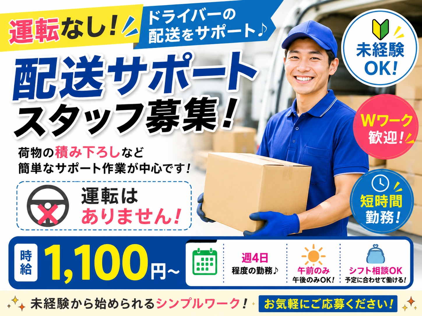 運転なしの配送助手スタッフ【荷物の積み下ろしサポート｜短時間バイト｜未経験者歓迎】 | 株式会社 ひかり物流の求人