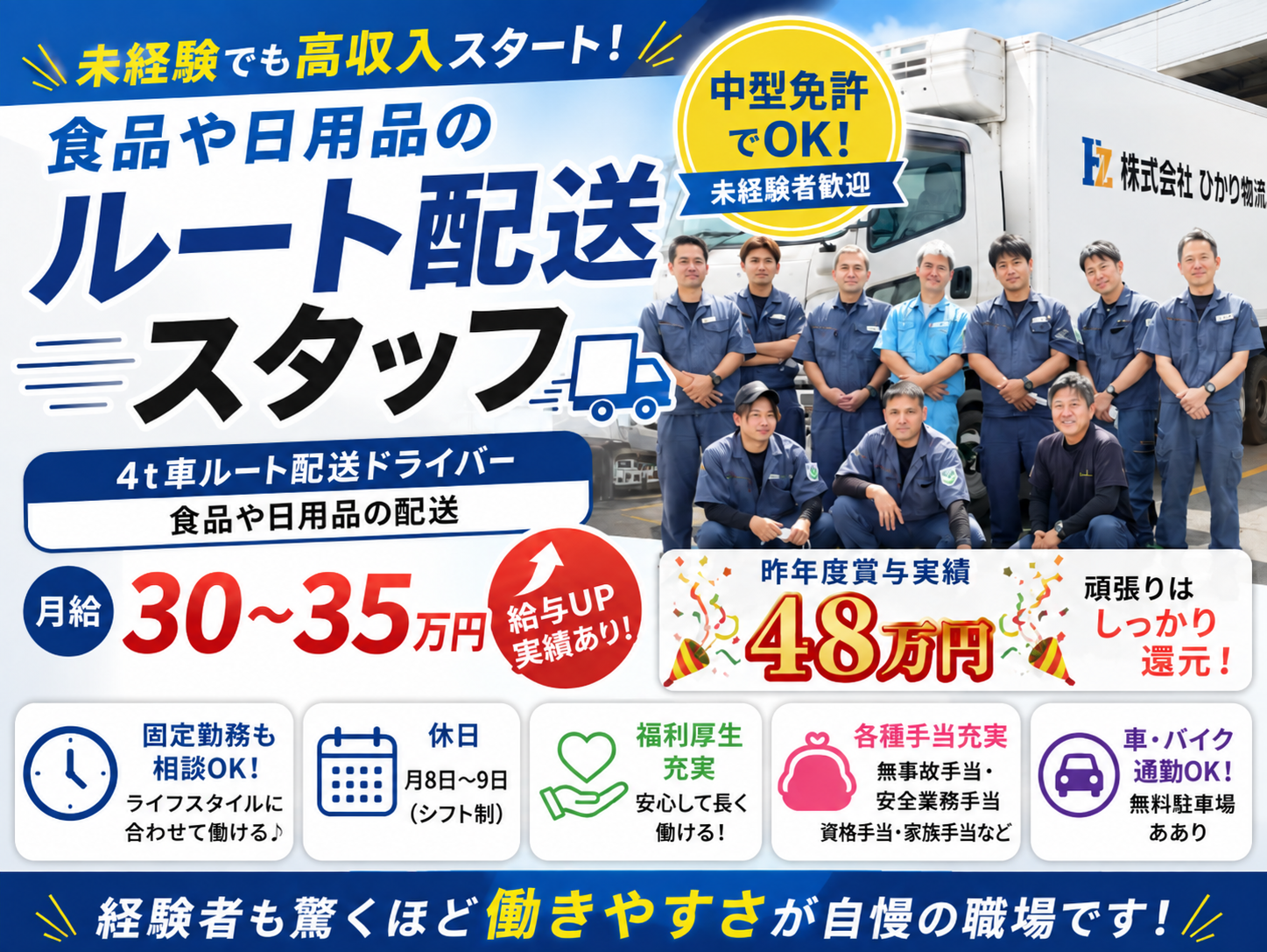 4t車ルート配送ドライバー(食品や日用品の配送）【普通免許で応募OK｜会社負担での免許取得制度あり】 | 株式会社 ひかり物流の求人