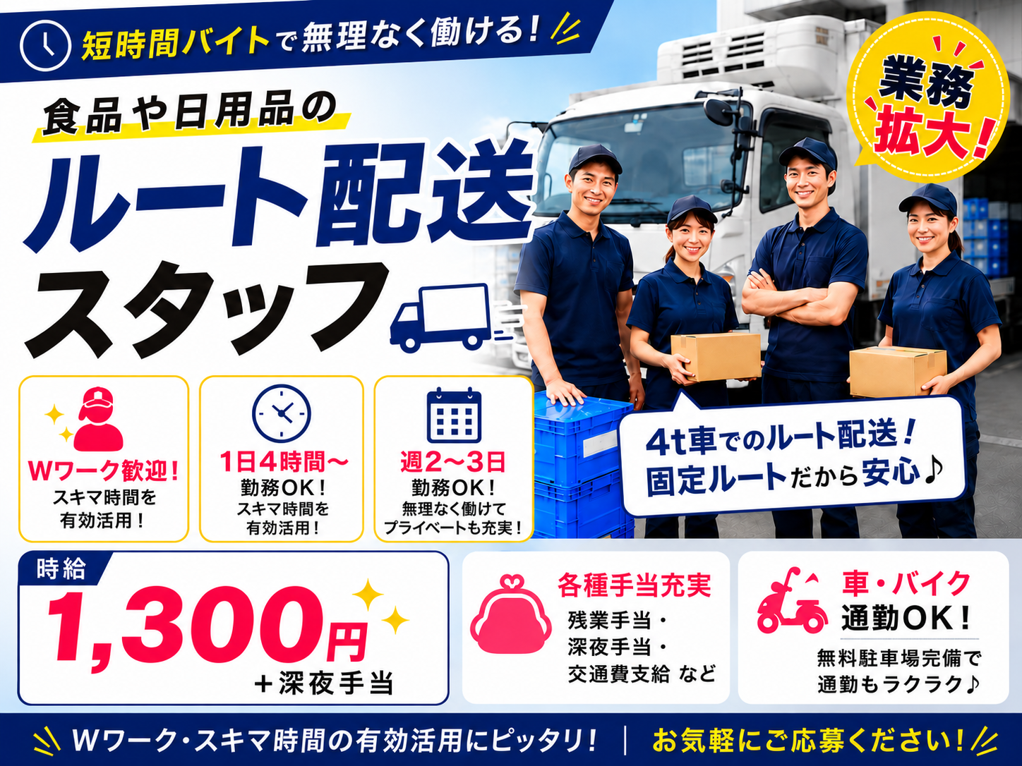 4t車ルート配送スタッフ【業務拡大｜Wワーク歓迎｜短時間バイト｜1日4H~勤務OK】 | 株式会社 ひかり物流の求人