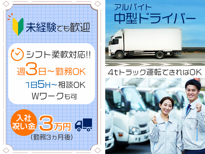 中型ドライバー（浦添～県内大手スーパーへ商品配送）／シフト週3日から・未経験者歓迎・入社祝い金あり | 株式会社タカダの求人